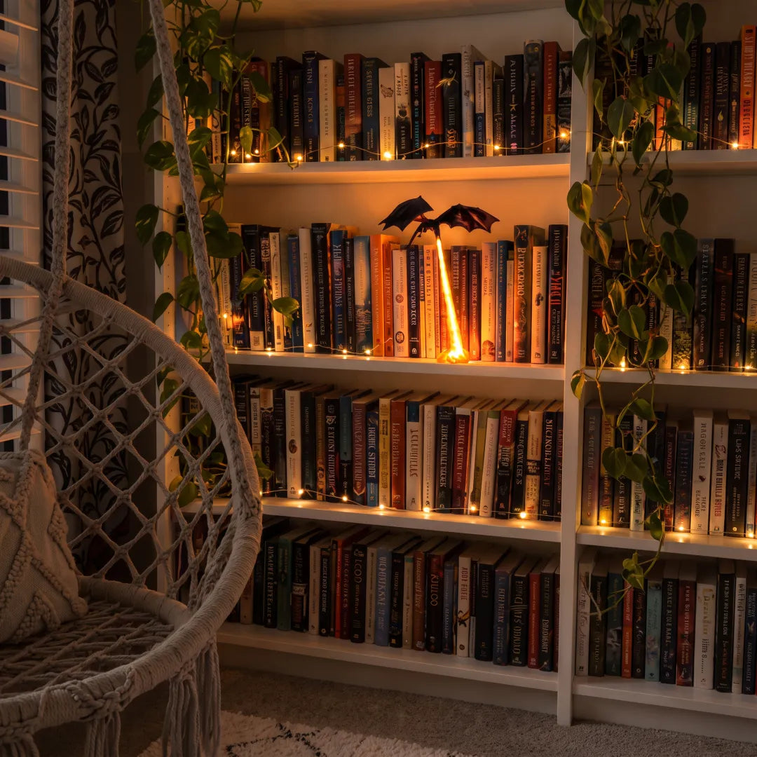Dragon Flame Book Nook with Light | 3D Printed Mystical Dragon Bookshelf Decor