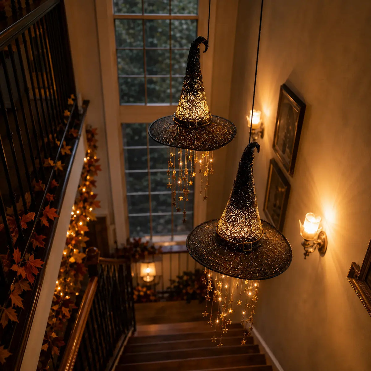 Lighted witch Hat Hanging Decor with Cascading Stars