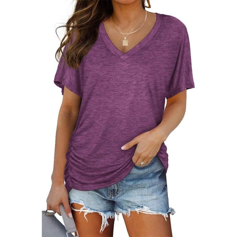 Womens Short Sleeve V Neck Dolman Tops with Side Shirring Loose Fit Shirts