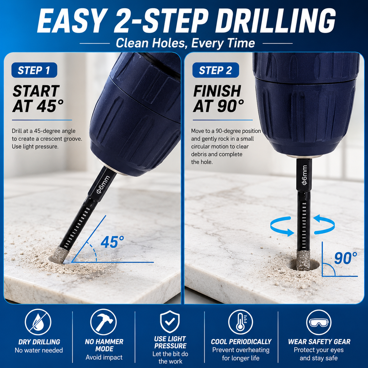 6-Piece Diamond Drill Bit Set – Clean Dry Drilling for Tile, Glass & Stone