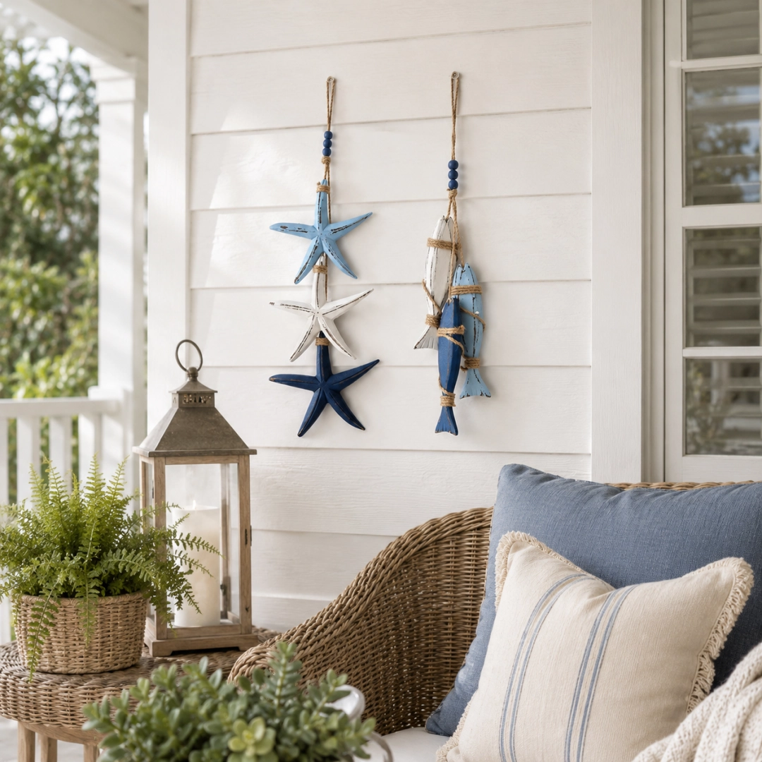 2026 HOT SALELighted Coastal Wooden Starfish & Fish Hanging Decor