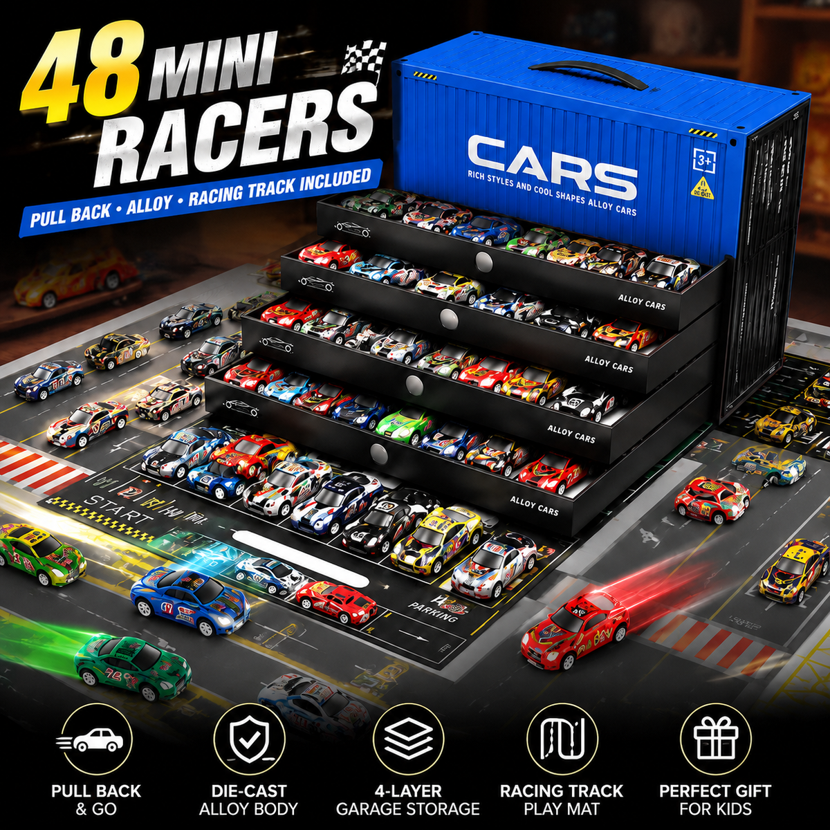 Last Day 50% OFF! 48PCS Pull-Back Alloy Racing Car Set | 4-Layer Garage Storage & Racing Track Play Mat