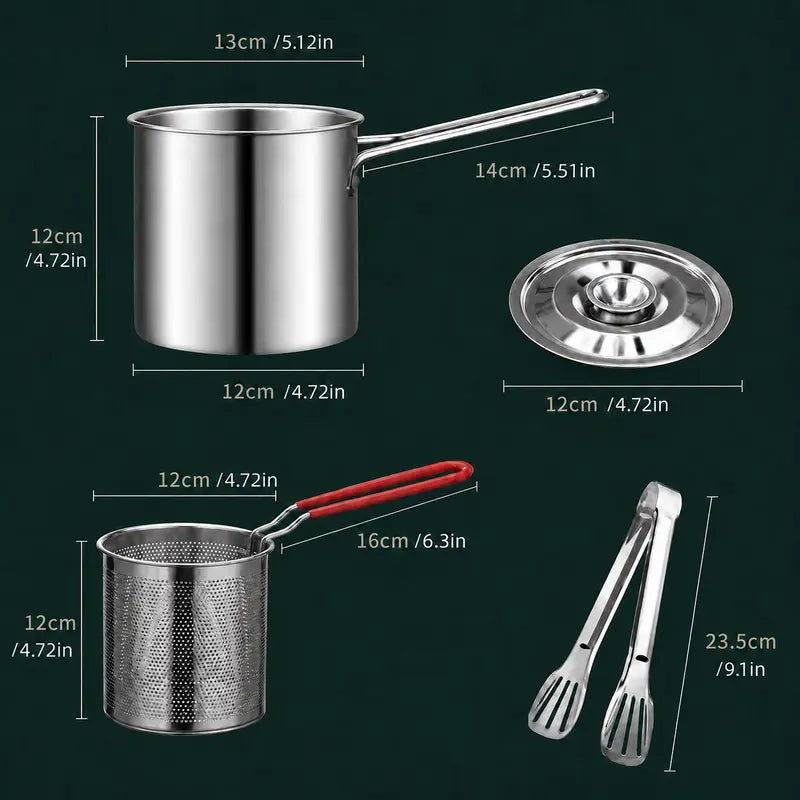 Stainless Steel Deep Fryer Set - 1-Person Mini Pot with Fry Pot, Filter Basket & Food Clip