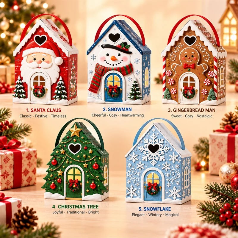Christmas Cottage Handle Gift Box — 5 Festive Designs, House‑Shaped Packaging with Carry Handle