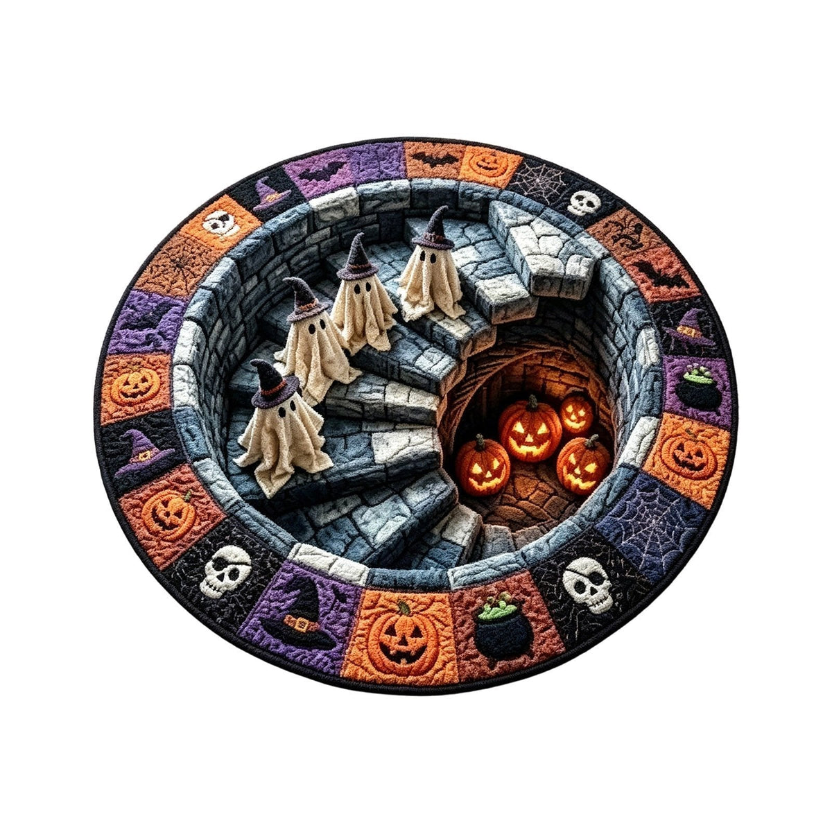3D Haunted Staircase Round Rug – Spooky Halloween Optical Illusion