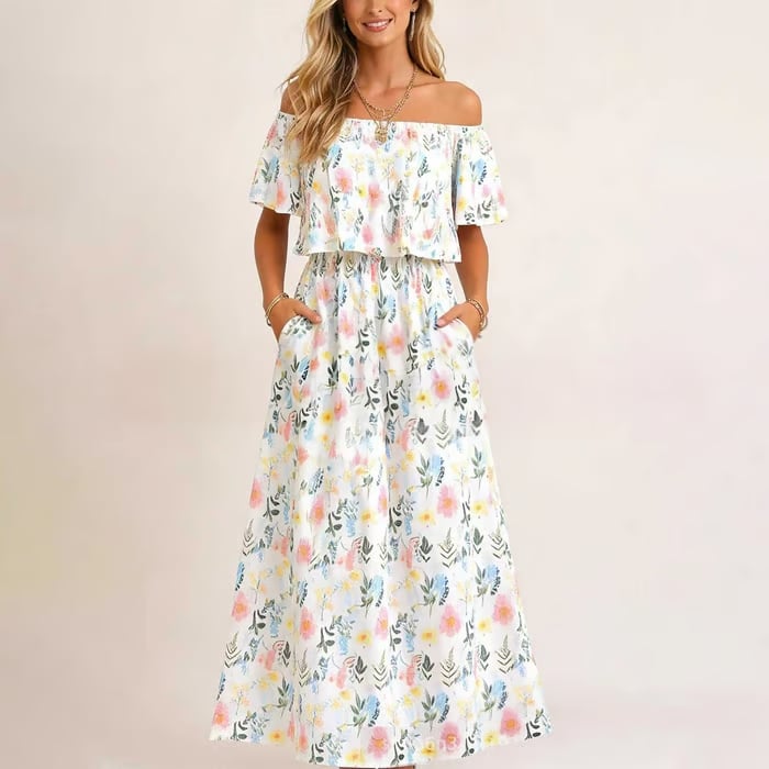 Women's Off The Shoulder Dress Wedding Guest Dress Summer Casual Long Ruffle Party Side Split Beach Maxi Dresses with Pockets