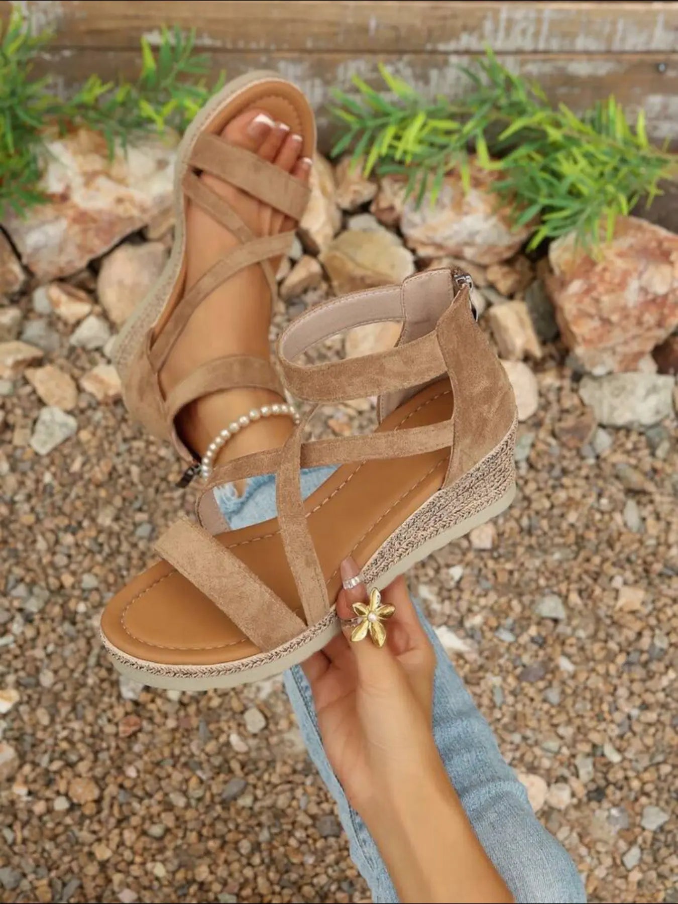 Women's Velvet Wedge Sandals – Chunky Sole, Cross-Strap