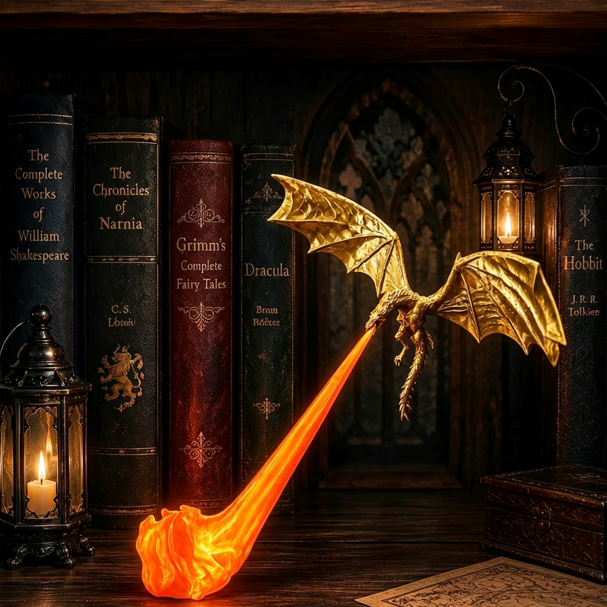 Dragon Flame Bookends – Gothic Shelf Decor for Book Lovers & Halloween