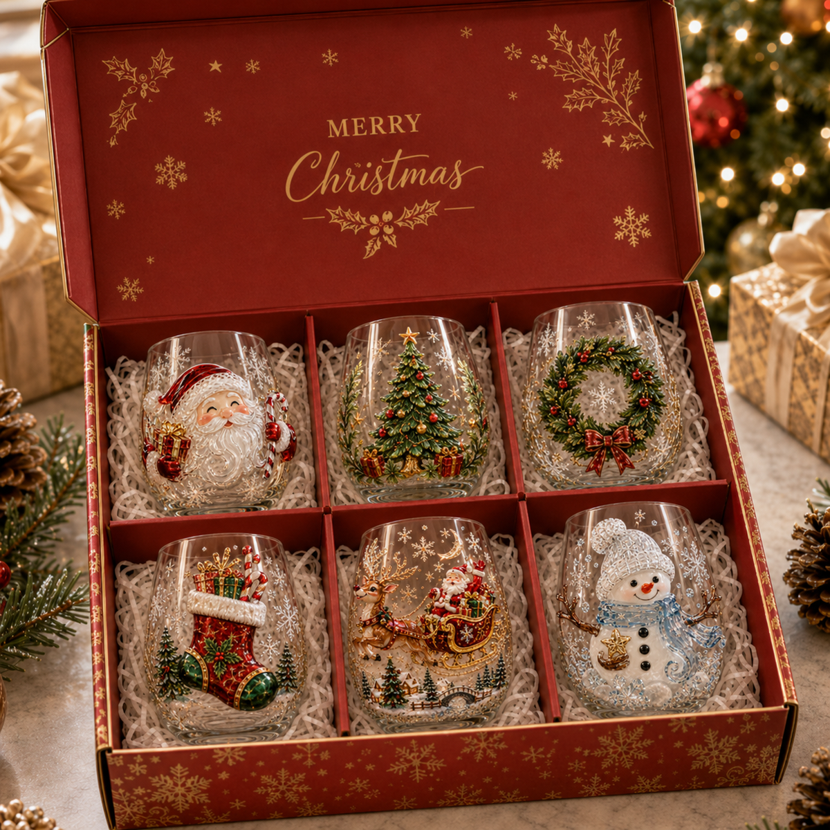 Magical Christmas Glass Cup Collection – Santa, Reindeer, Snowman & Christmas Tree