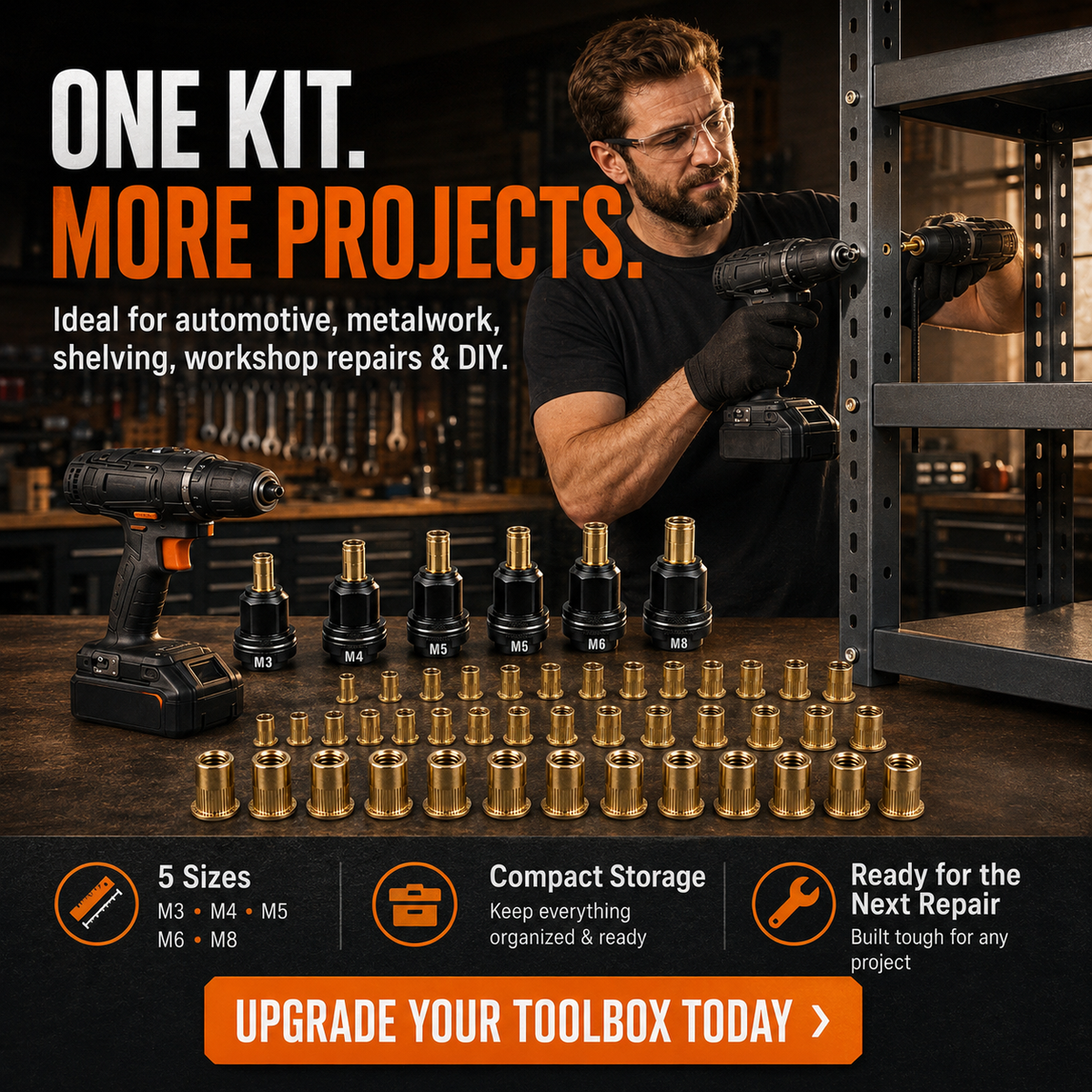 Complete Drill-PoweredRivet Nut Kit - M3-M8 ThreadedInsert Tool Set