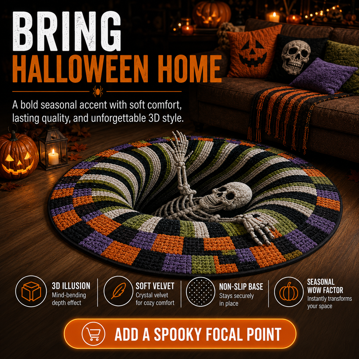 3D Skeleton Vortex Quilted Round Halloween Rug