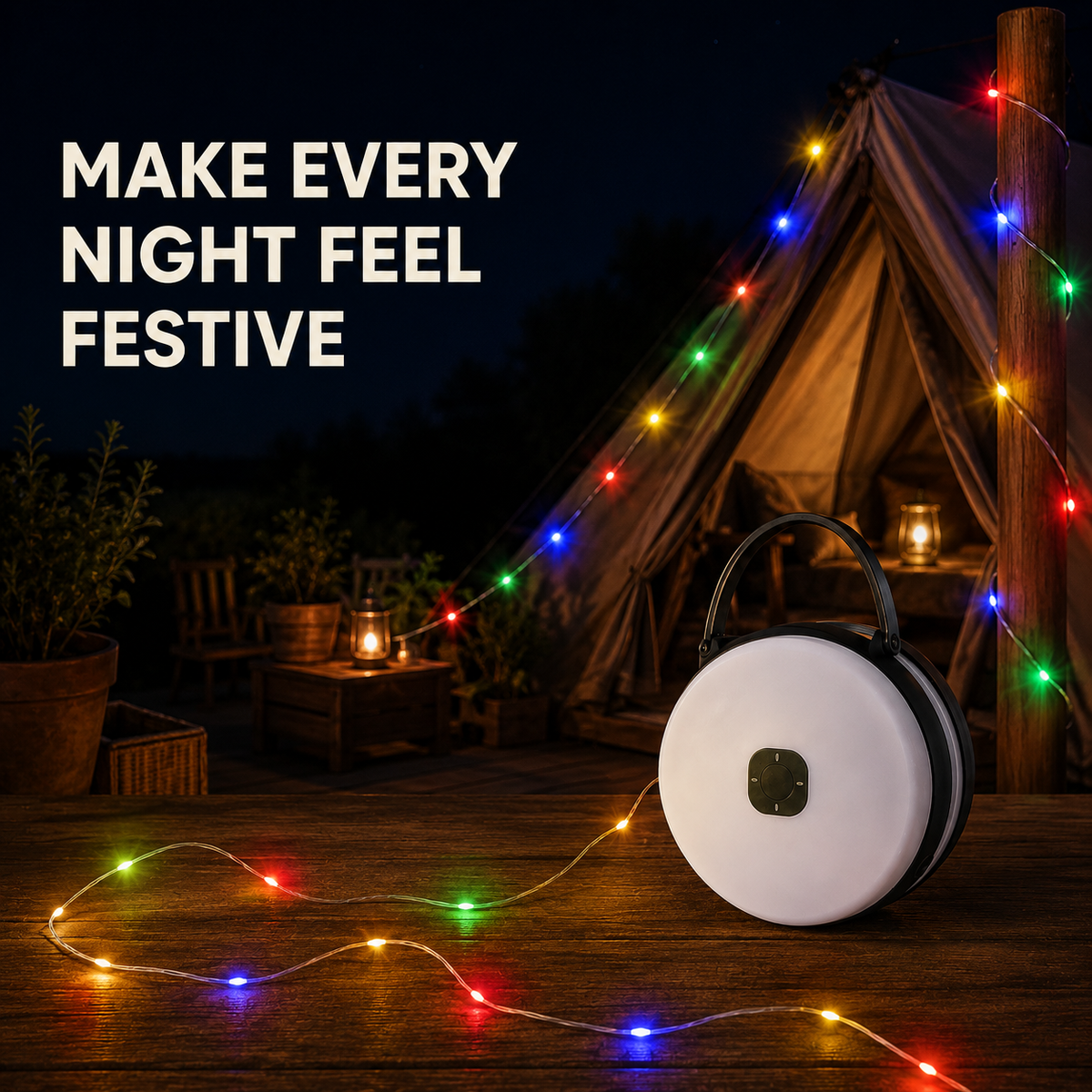 Retractable Camping String Lights with Portable Lantern – Pull, Hang & Reel Away