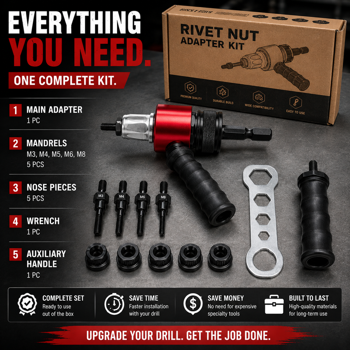 Drill-Powered Rivet Nut Adapter Kit – M3 to M8