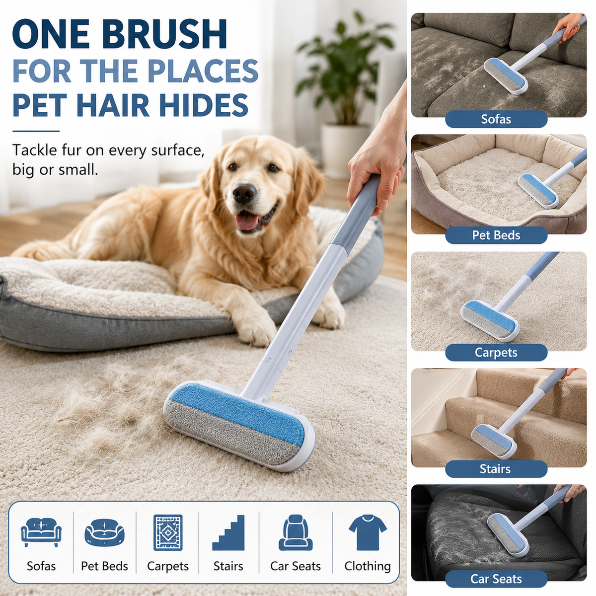 Long-Handle Reusable Pet Hair Remover - Sofa, Carpet & Bedding Brush