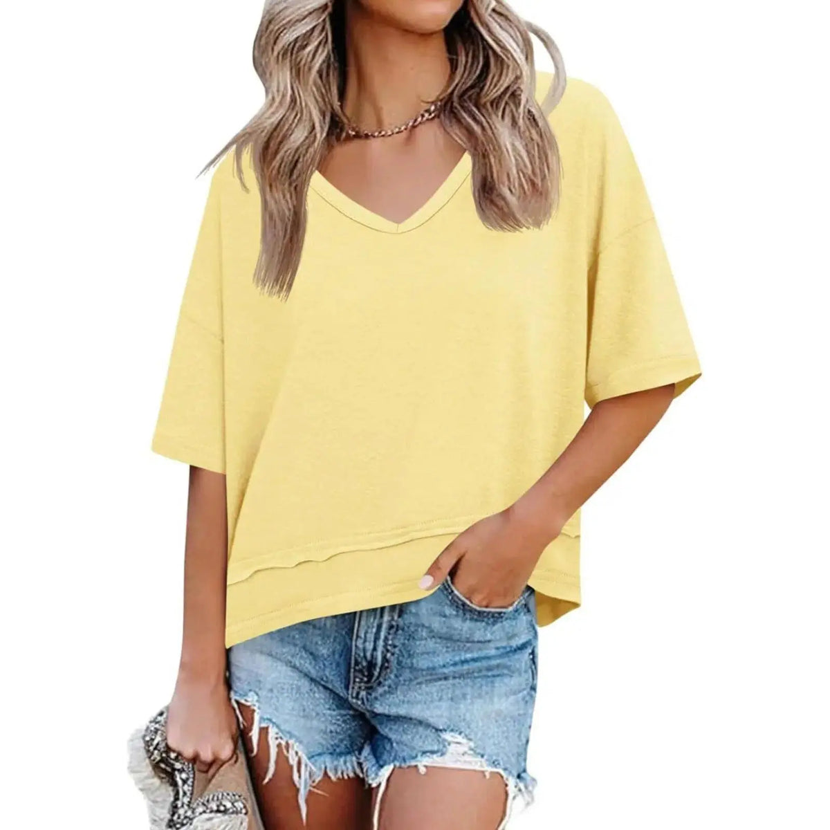 Women's V-neck Mid-length Sleeve Spliced Hem Basic Top
