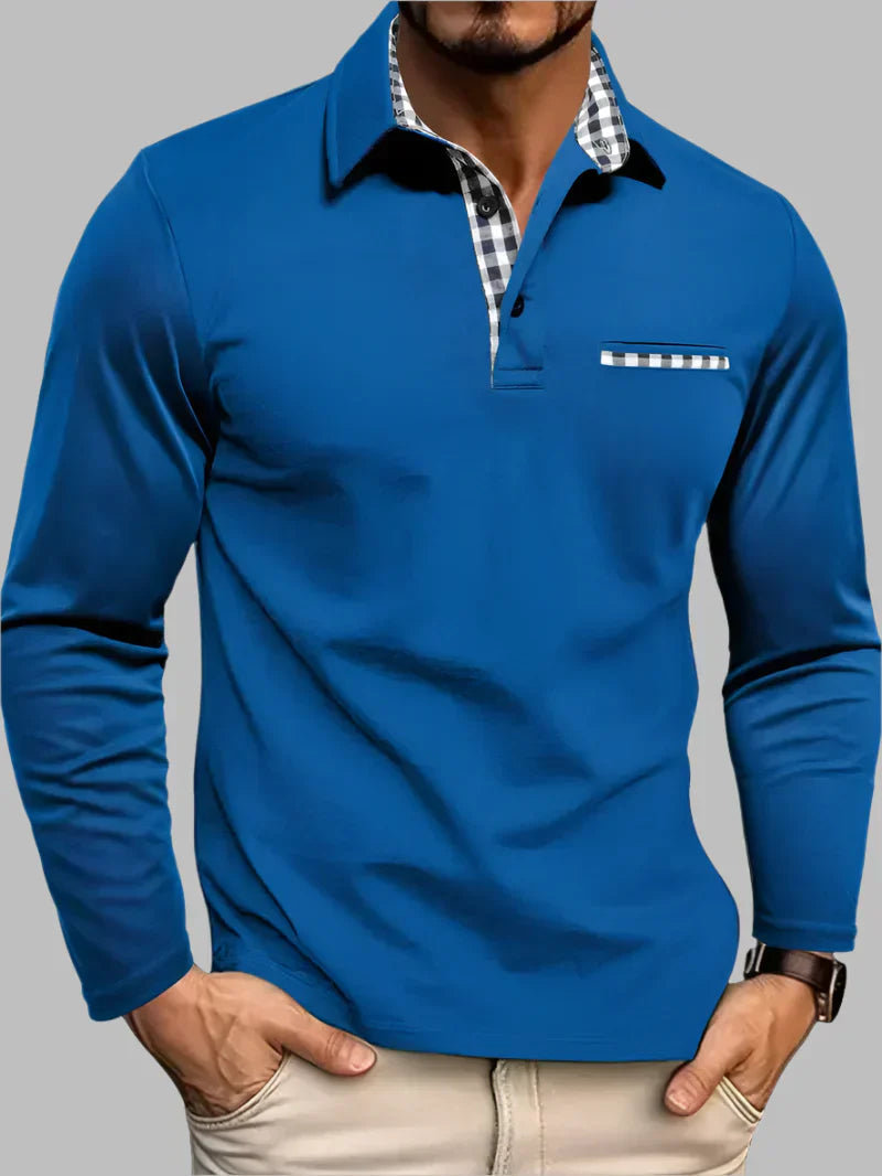 Long Sleeve Polo with Gingham Accent Pocket