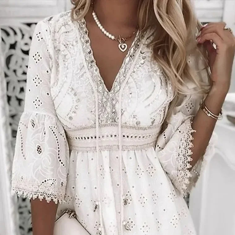 Women's Boho Broderie Flare Sleeve Mini Dress