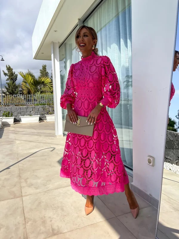 Women's High Neck Lace Midi Dress