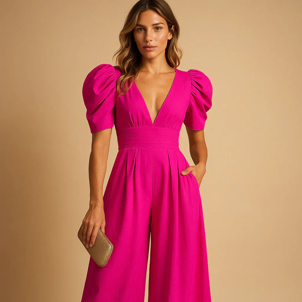 Women's Elegant Puff Sleeve Wide Leg Jumpsuit