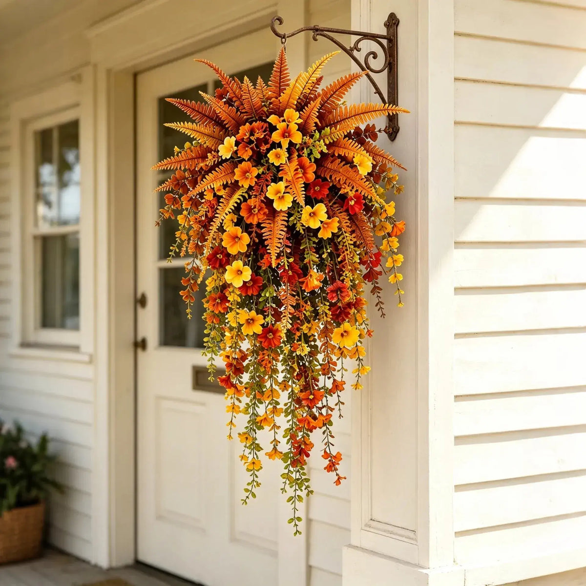UV‑resistant artificial Boston fern plant, realistic large outdoor hanging autumn faux plant