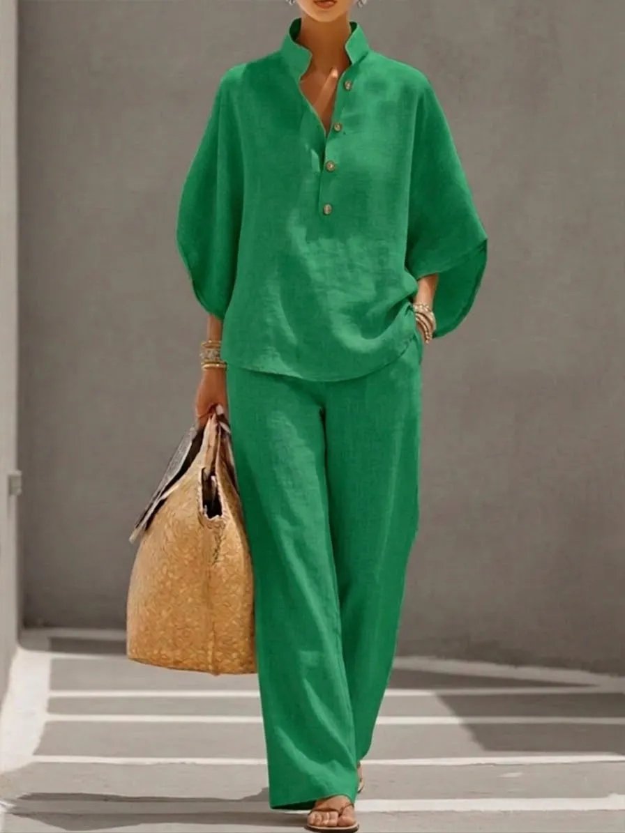 Women's Batwing Sleeve Two-Piece Set – Casual Shirt & Wide Leg Pants Outfit