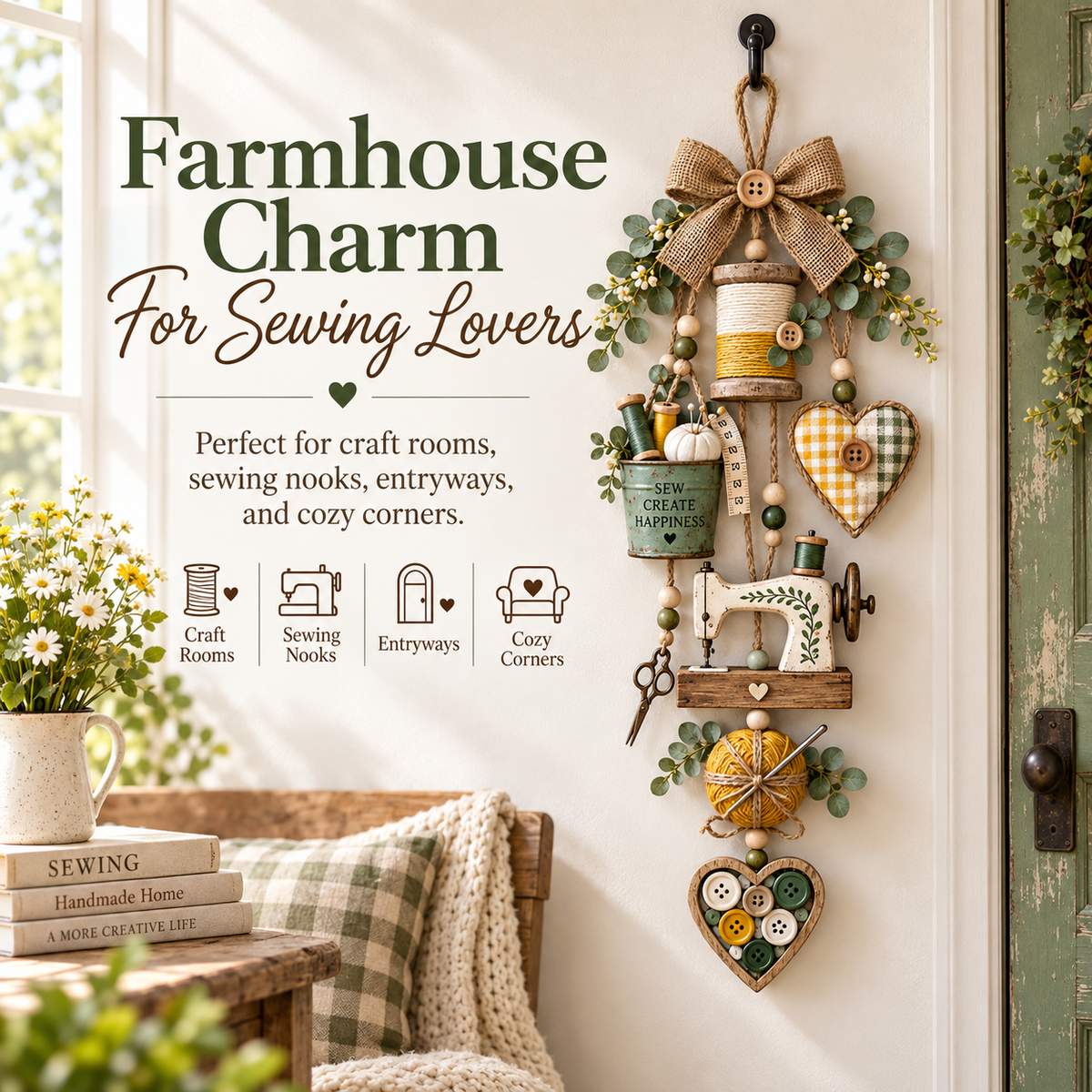 Rustic Wooden Sewing - Themed Hanging Ornament with Remote Control Fairy Lights