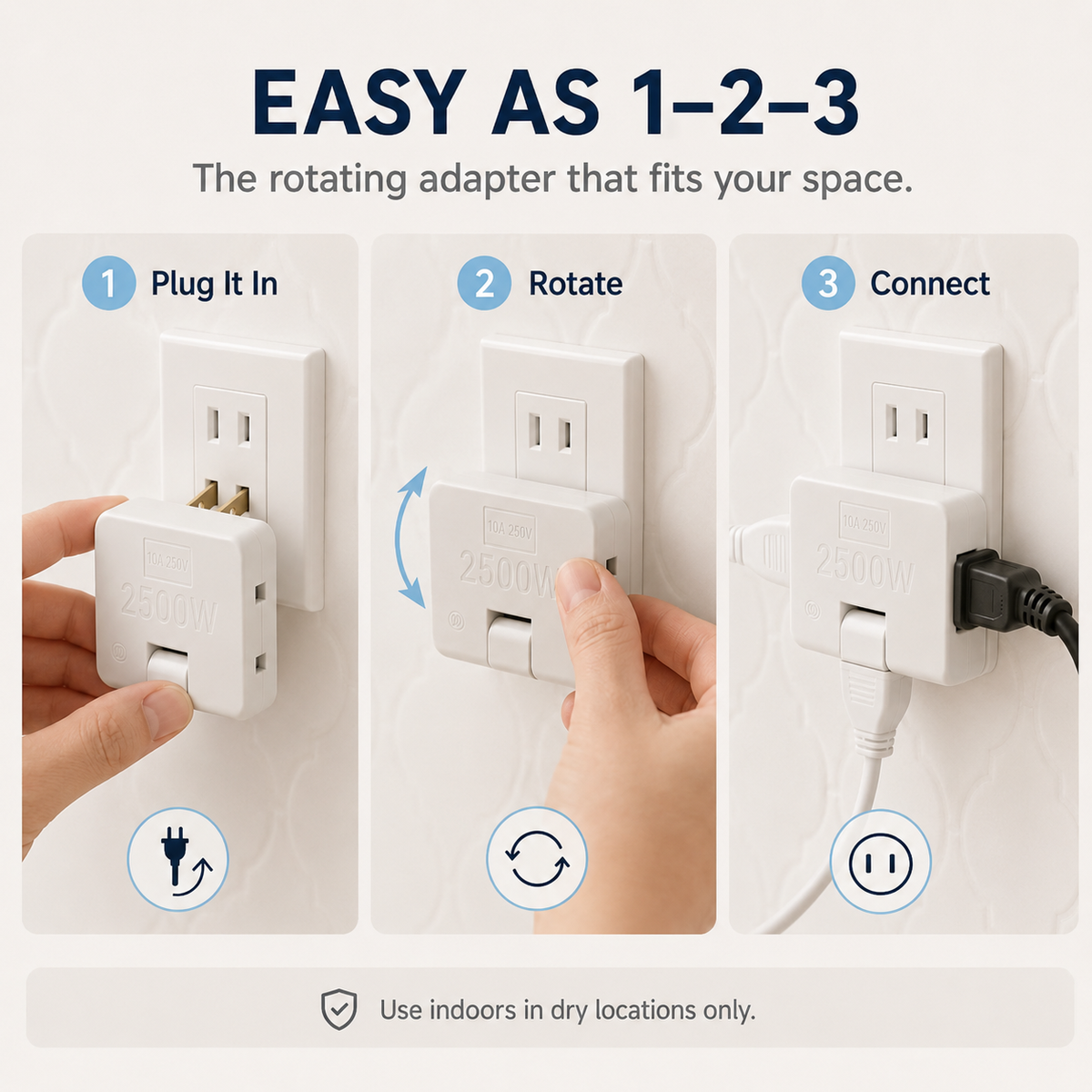 Rotating 3-Outlet Flat Plug Adapter – Save Space & Reduce Cord Bending