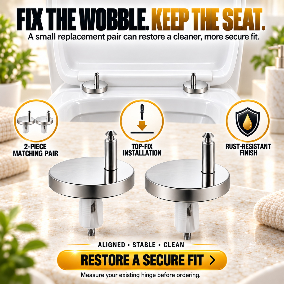 2-Pack Top-Fix Toilet Seat Hinge Bolts – Adjustable Anti-Wobble Replacement Kit