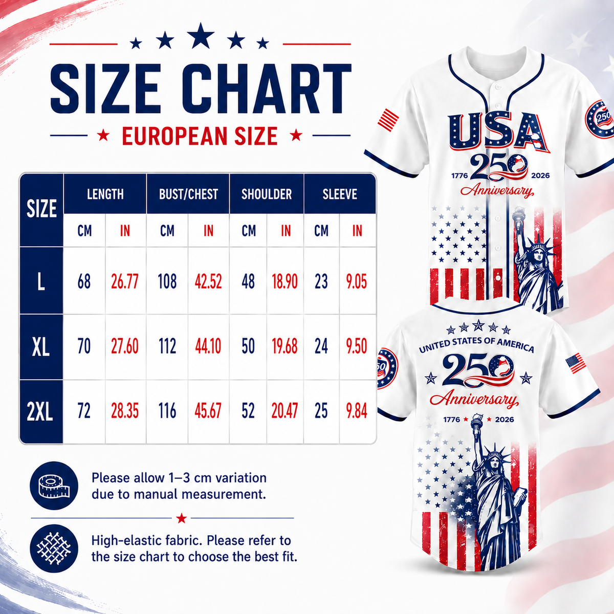 USA 250th Anniversary Patriotic Baseball Jersey