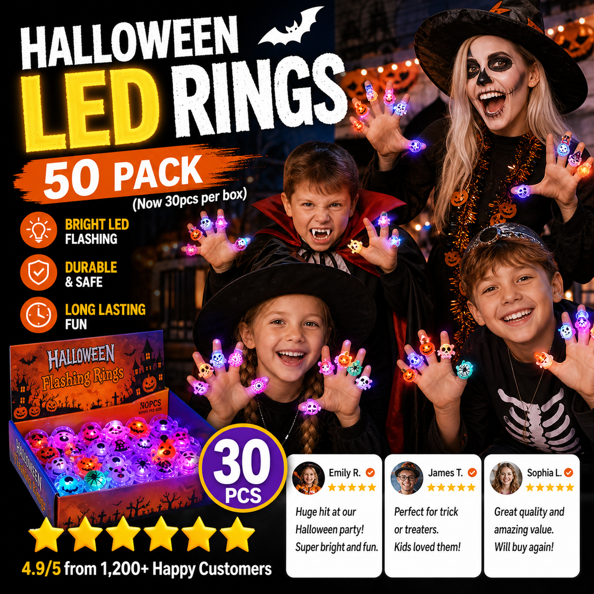 50 Pieces Each Box‼LED Light Halloween Glowing Ring | Flashing Light‑Up Party Favor for Halloween Night