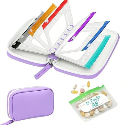 A8 Waterproof 14-Pouch Weekly Pill Organizer, Color-Coded Travel Storage for Vitamins & Supplements
