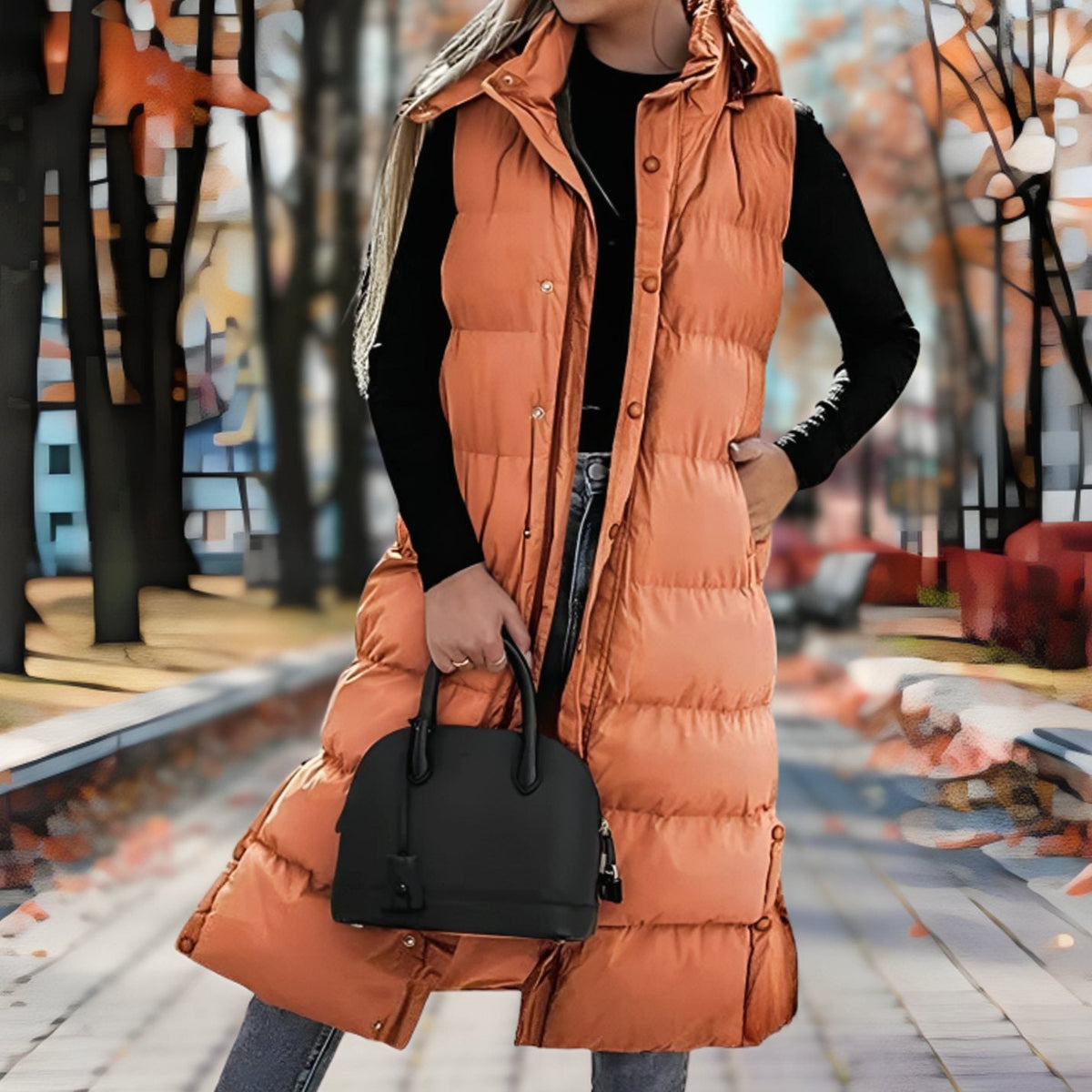 Women's Hooded Sleeveless Puffer Long Coat