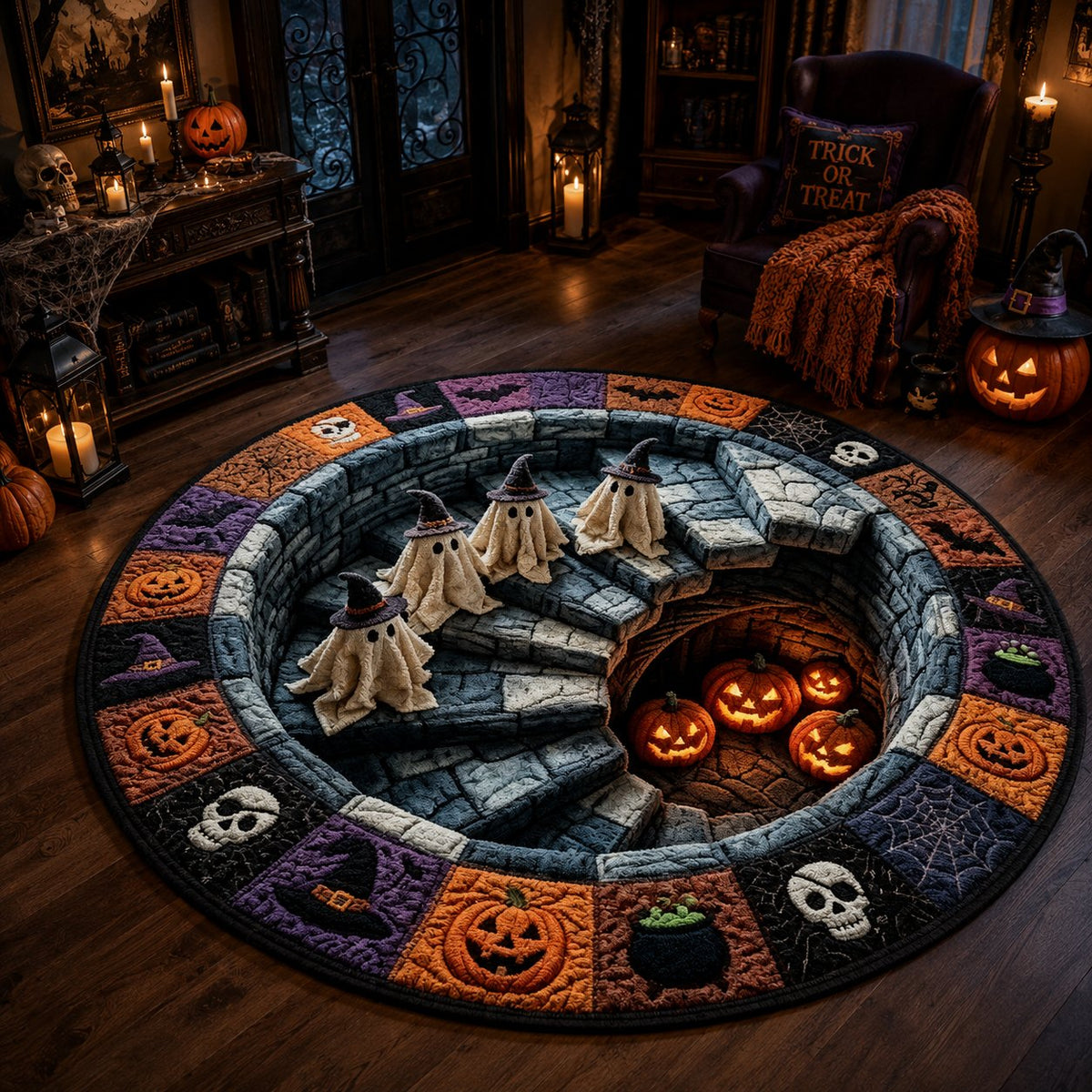 3D Haunted Staircase Round Rug – Spooky Halloween Optical Illusion