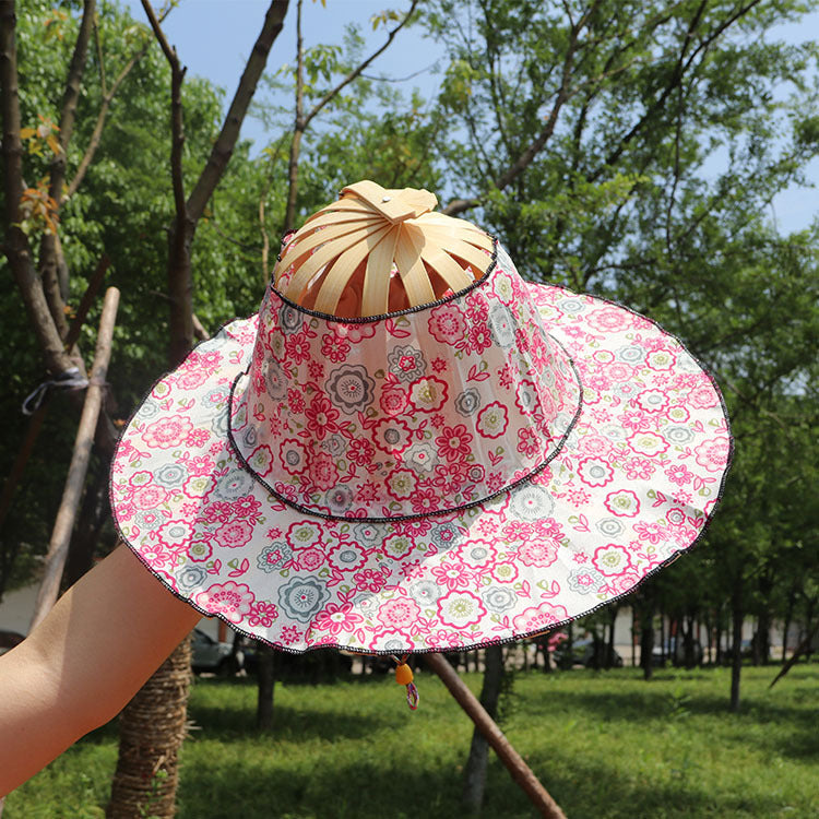 Foldable Bamboo Sun Hat UPF50+ Wide Brim Floral Outdoor Fishing Garden UV Protection Hat