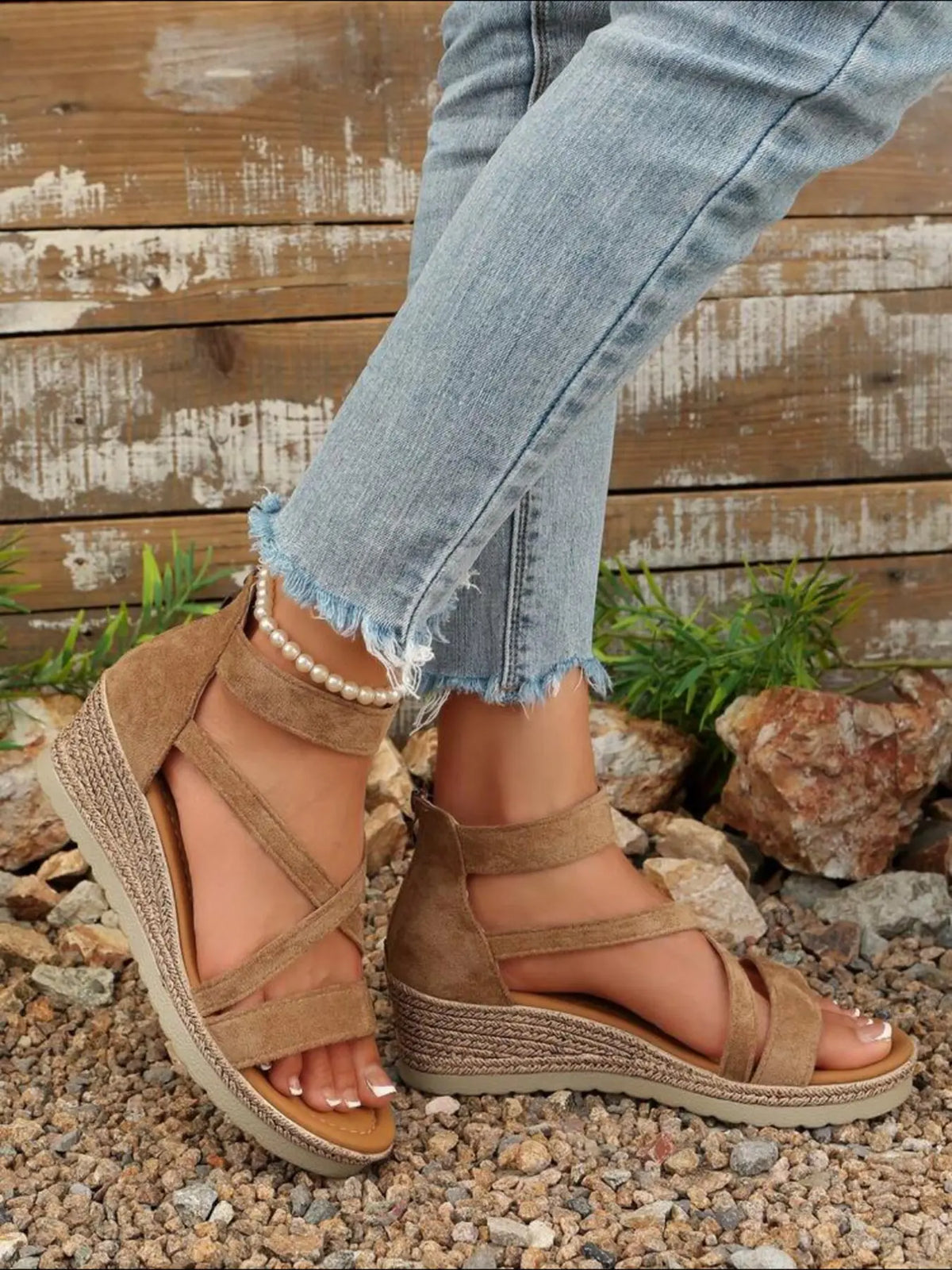 Women's Velvet Wedge Sandals – Chunky Sole, Cross-Strap
