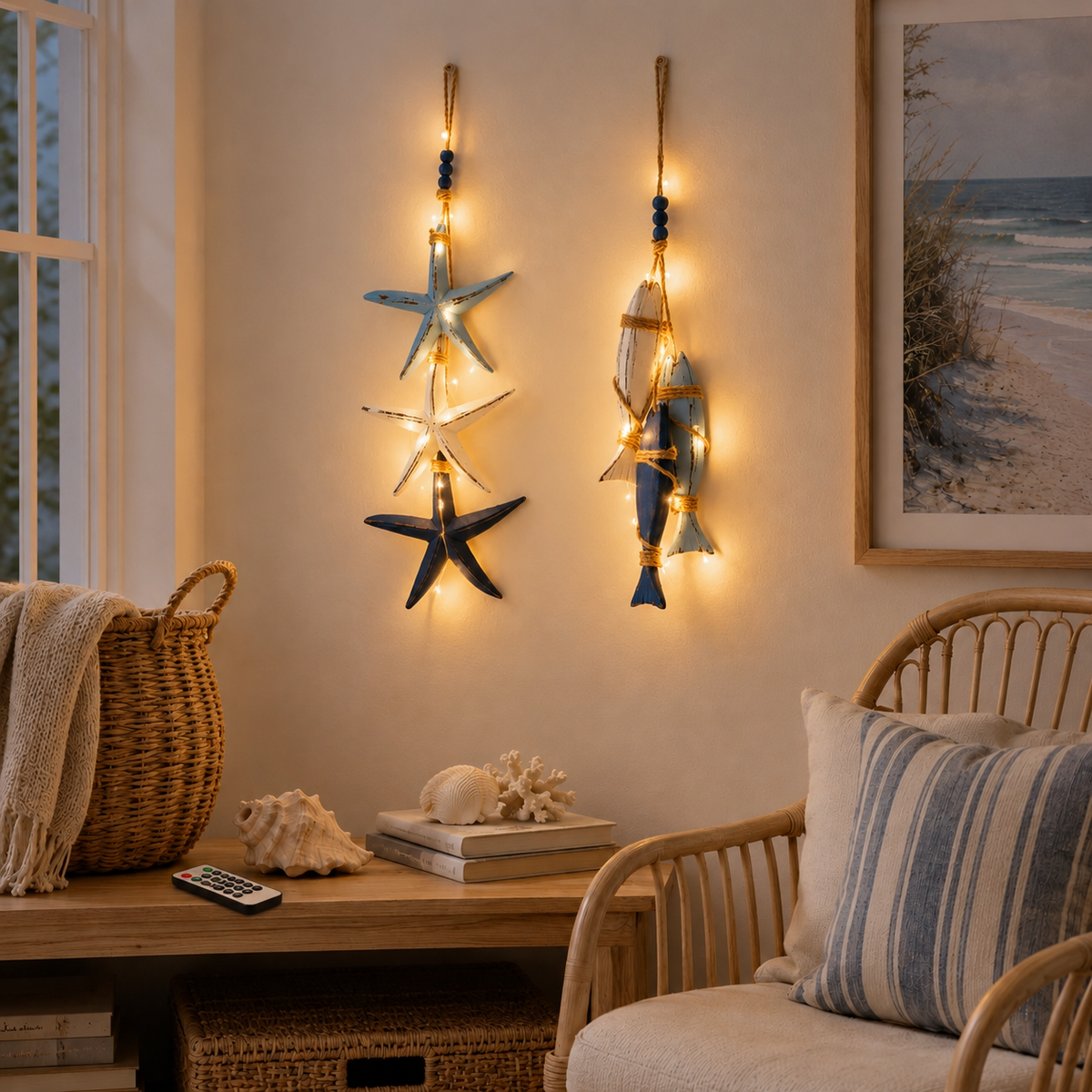 2026 HOT SALELighted Coastal Wooden Starfish & Fish Hanging Decor