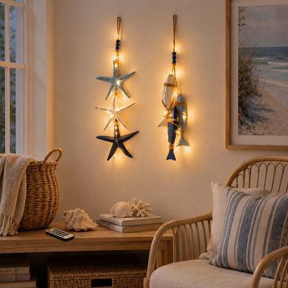 2026 HOT SALELighted Coastal Wooden Starfish & Fish Hanging Decor