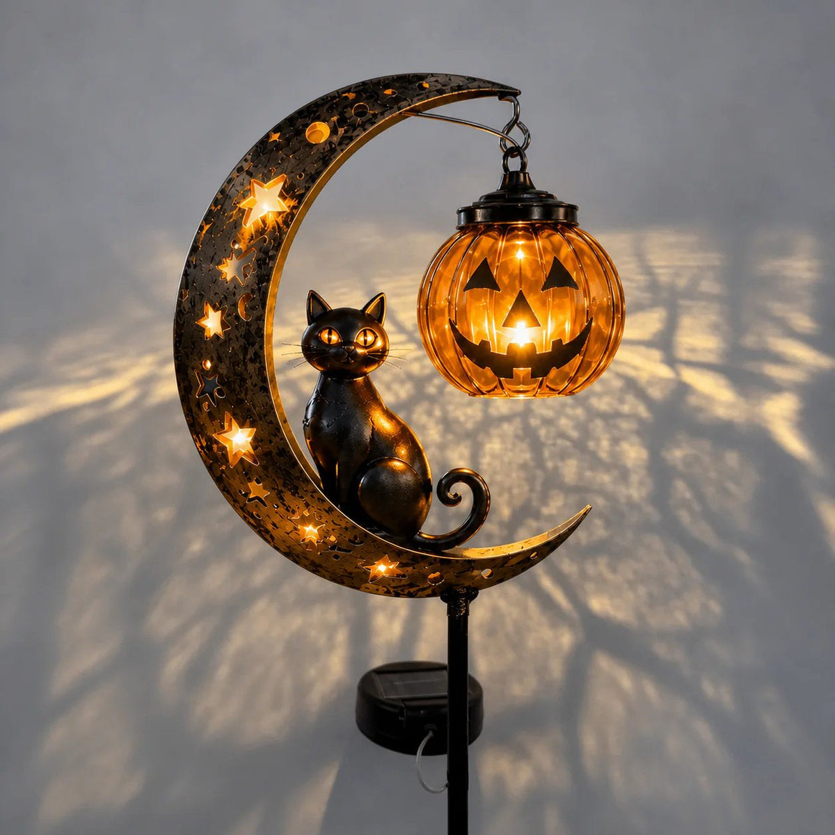 Solar Black Cat & Pumpkin Moon Stake Light