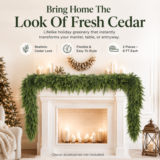CHRISTMAS FAVORITE | Artificial Cedar Garland 2-Pack – 6 FT Faux Greenery for Mantels, Tables, Stairs & Walls
