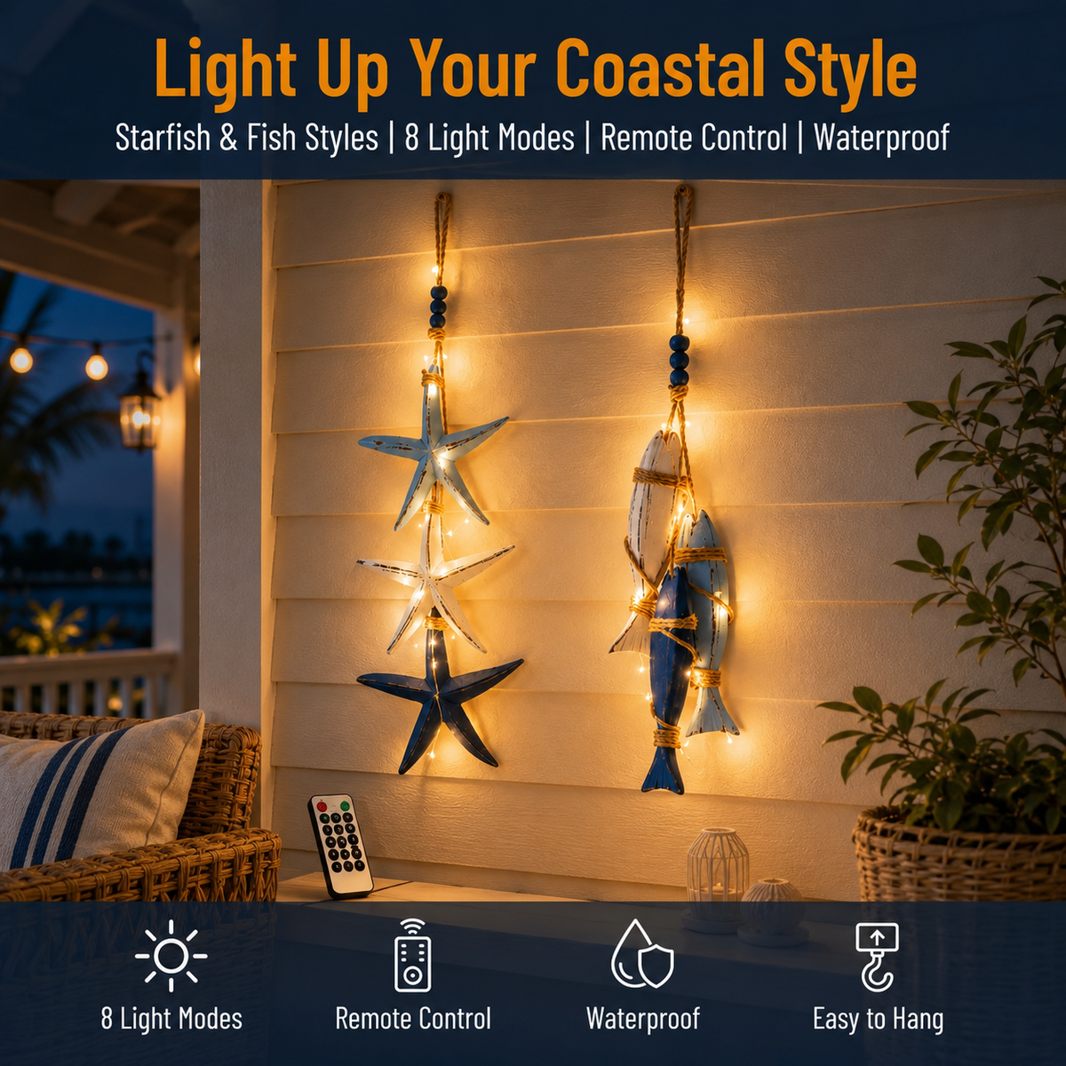 2026 HOT SALELighted Coastal Wooden Starfish & Fish Hanging Decor