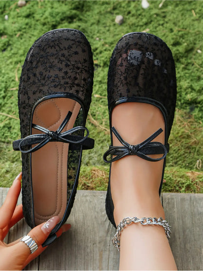 Women's Mesh Mary Jane Flats – Round Toe, Bow