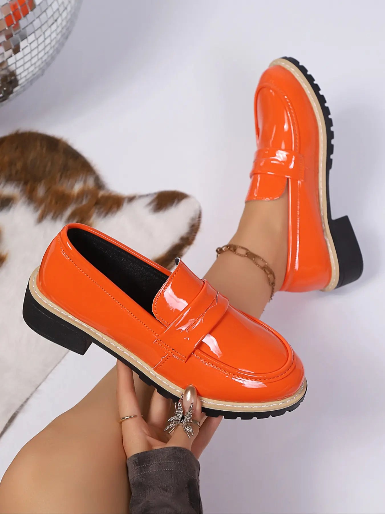 Women's Faux Leather Loafers – Pointed Toe, Chunky Sole, Low Heel