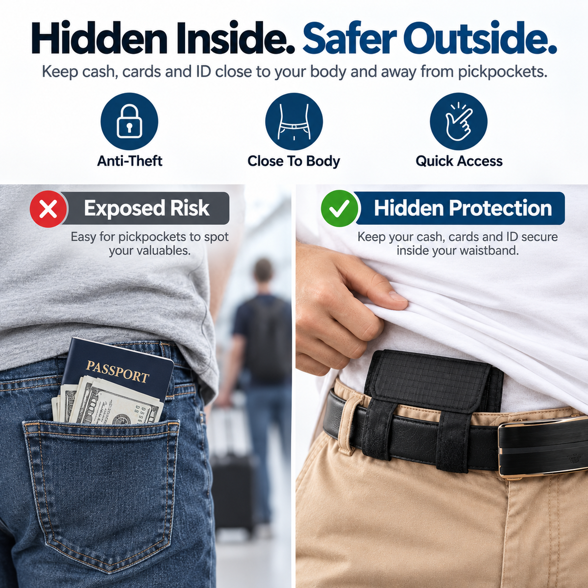 DISCREET TRAVEL ESSENTIAL | Hidden Belt Pouch – Under-Clothing Passport, Cash & Card Organizer