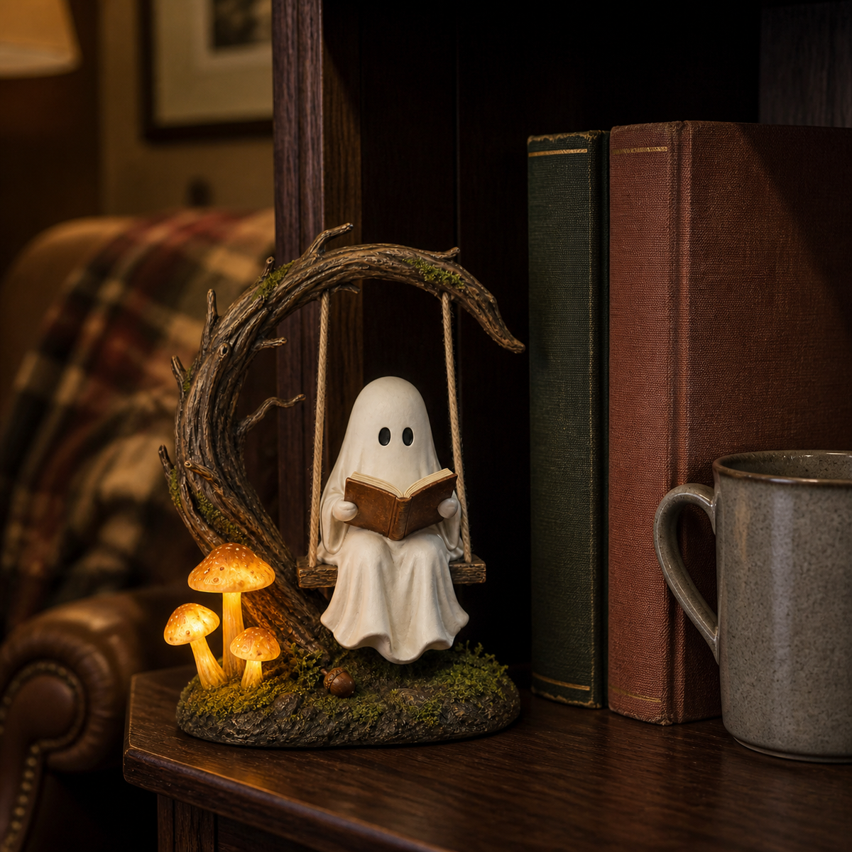 Moonlit Storykeeper Ghost Swing Lantern – Lighted Woodland Reading Sculpture