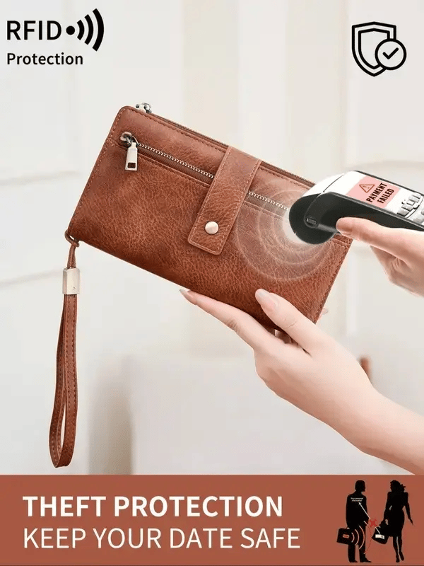 Women's long wallet, stylish clutch, elegant solid color RFID blocking leather wallet