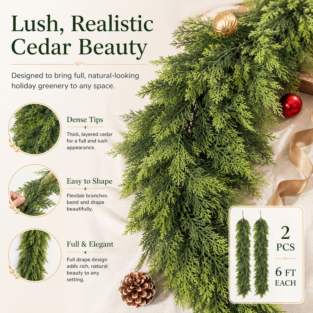 CHRISTMAS FAVORITE | Artificial Cedar Garland 2-Pack – 6 FT Faux Greenery for Mantels, Tables, Stairs & Walls