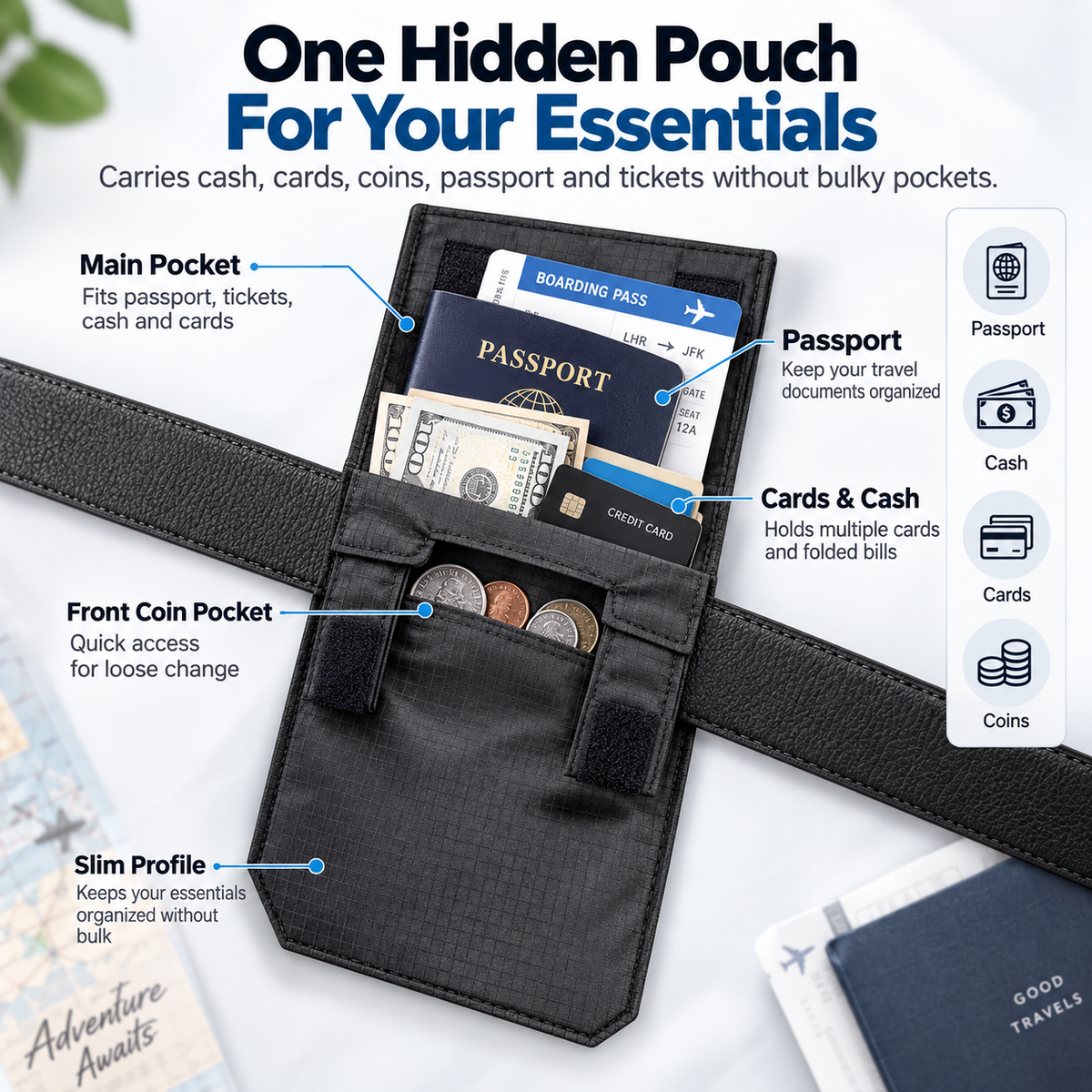 DISCREET TRAVEL ESSENTIAL | Hidden Belt Pouch – Under-Clothing Passport, Cash & Card Organizer
