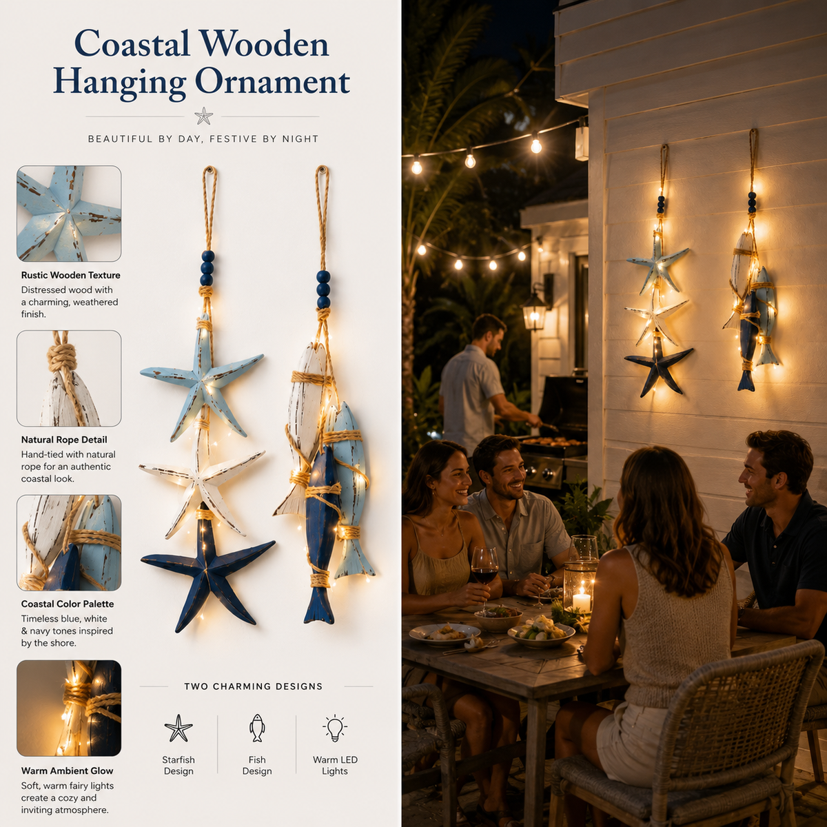 2026 HOT SALELighted Coastal Wooden Starfish & Fish Hanging Decor