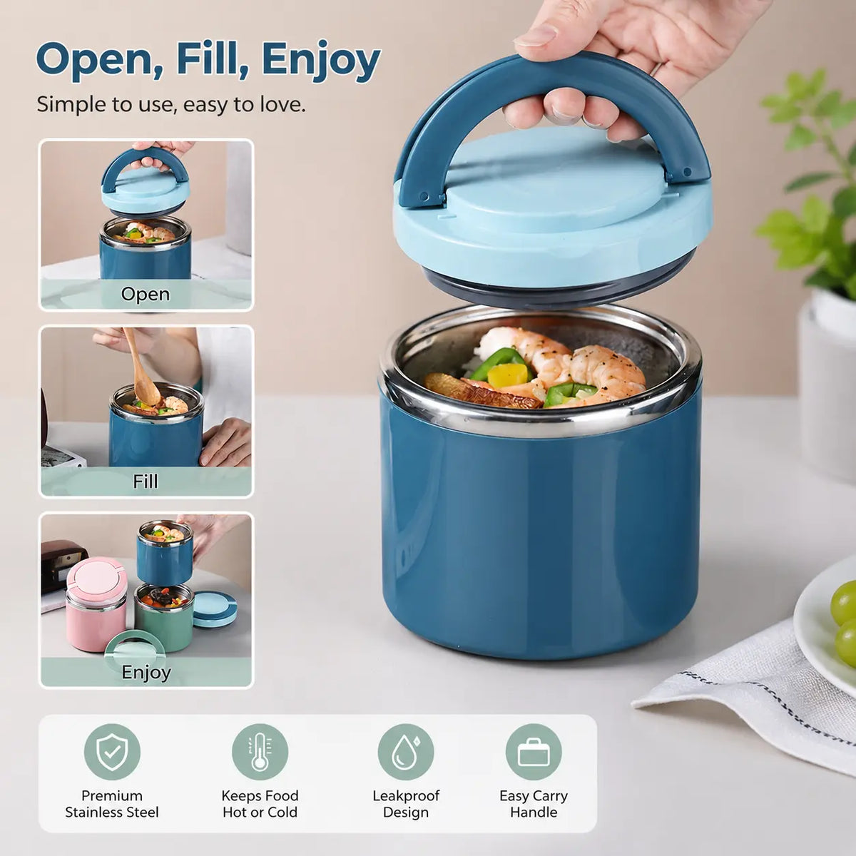 Stainless Steel Bento Style Boxed Lunch Box with Handle