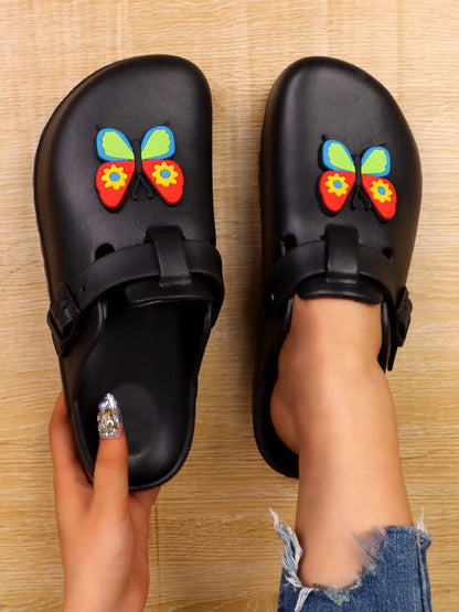 Women's Butterfly Print EVA Clogs – Closed Toe, Adjustable Strap, Slip-On
